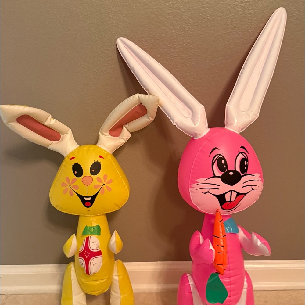 Colorful Inflatable Bunny Toy Pair Vintage vinyl blow up easter bunnies